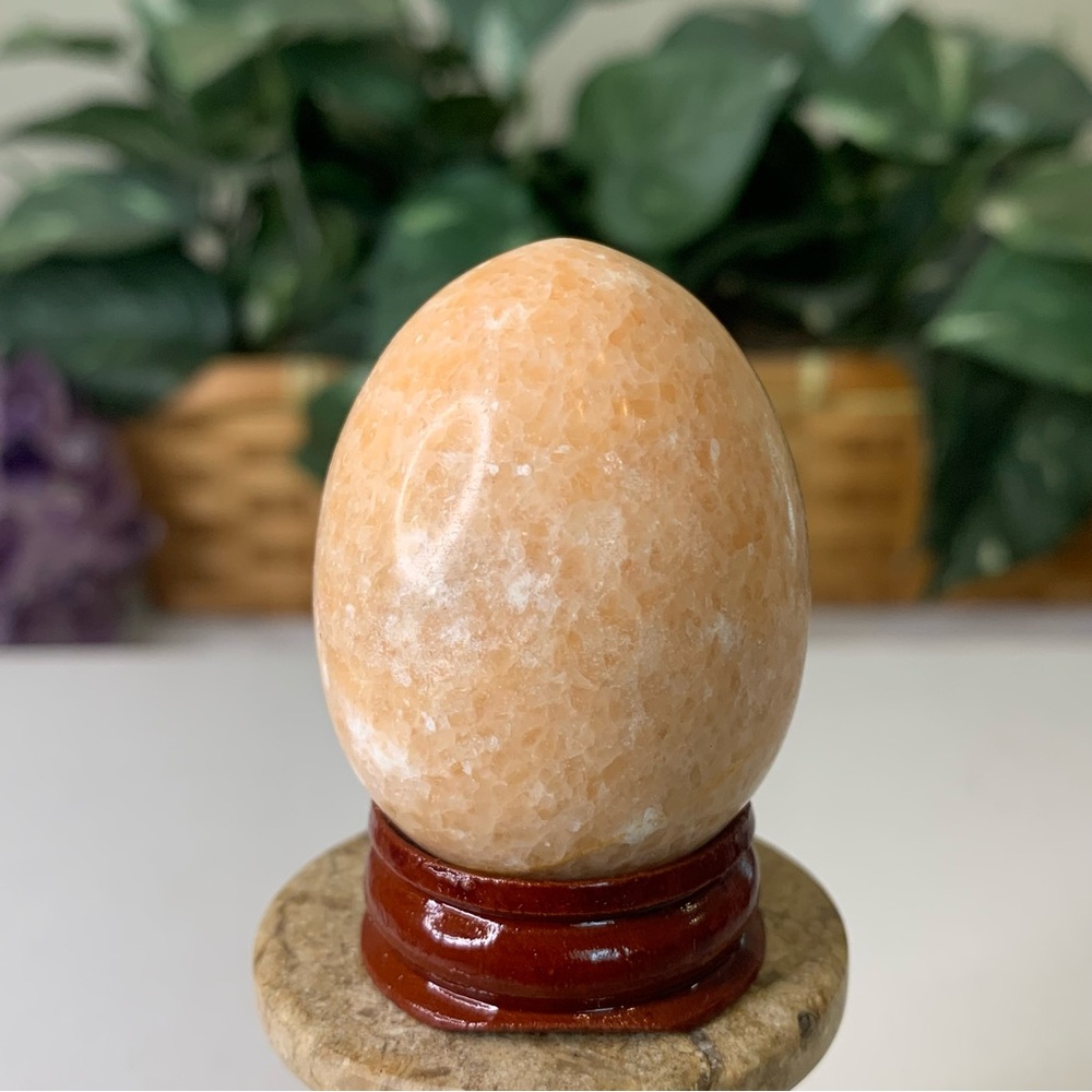 Natural Orange Calcite Egg Polished Crystal Meditation Stone with Wood Stand 2" - Picture 2 of 12